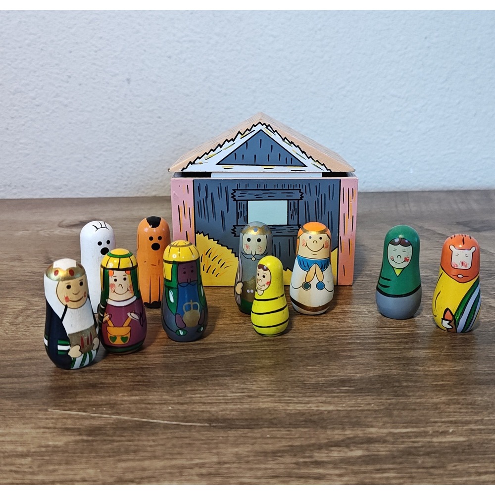 Oriental Trading Co Nesting Nativity Scene 11pc Multicolor Wood Folk Art Painted